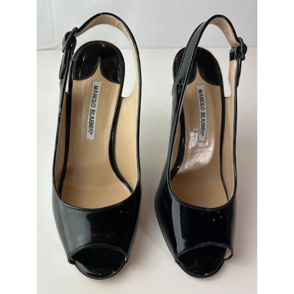 Manolo Blahnik Black Patent Leather Slingback Pump Peep Toe High Heels 38 US 8 - Picture 5 of 16
